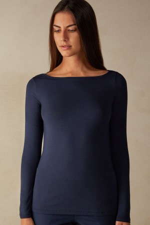 Intimissimi Bateau Neck Top in Micromodal Langermet Dame Blå | NOHK4235