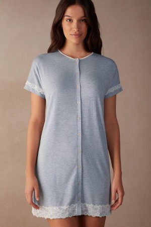 Intimissimi Blonder Trim Button Up Nightgown Pyjamas Dame Lyse Blå | NOAP3843