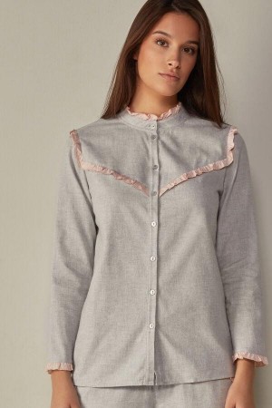 Intimissimi Bomull Rouches Brushed Bomull Cloth Long Sleeve Shirt Pyjamas Dame Lyse Grå | NOFM3874