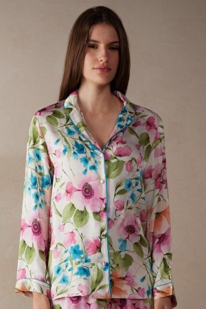 Intimissimi Botanical Lyrics Satin Button Up Shirt Pyjamas Dame Multicolor | NOZG3919