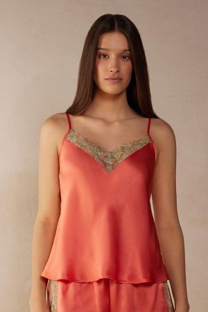 Intimissimi Candy Colors Silk Top Pyjamas Dame Korall Rød | NOZG3971