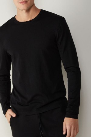 Intimissimi Crew-Neck Merino-Ull Top Langermet Herre Svarte | NOMA3109