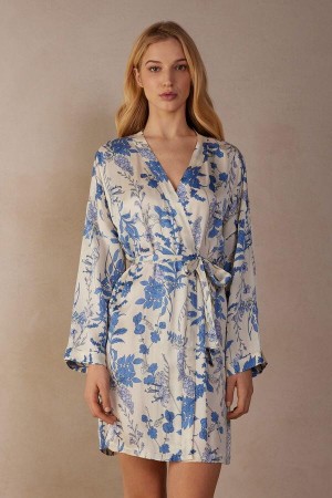 Intimissimi Feeling Beautiful Satin Kimono Pyjamas Dame Hvite Blå | NOVD3864