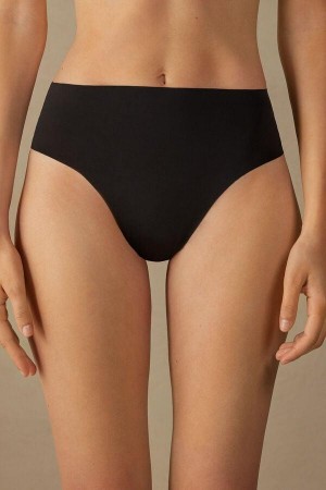 Intimissimi High Liv Thong in Seamless Ultralight Microfiber Truser Dame Svarte | NOPQ3774