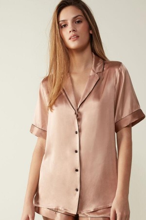 Intimissimi Kort Sleeve Silk Shirt with Contrast Trim Pyjamas Dame Rosa | NOAP3929