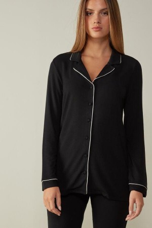 Intimissimi Long-Sleeve Micromodal Top Pyjamas Dame Svarte | NOLH3868