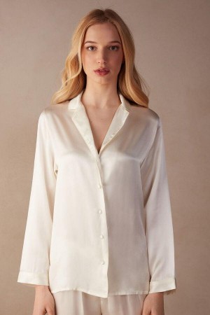 Intimissimi Mannish-Cut Jacket in Silk Satin Pyjamas Dame Hvite | NOAP4033