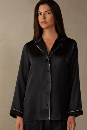 Intimissimi Mannish-Cut Jacket in Silk Satin Pyjamas Dame Svarte | NODN4031