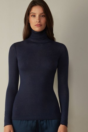 Intimissimi Modal Cashmere Ultralight High-Neck Top Langermet Dame Blå | NOIS4217