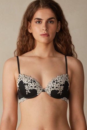 Intimissimi Pretty Flowers Bellissima Push-up BH Dame Svarte Hvite | NOPQ4762