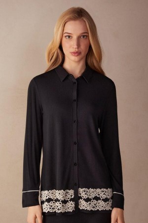 Intimissimi Pretty Flowers Button Up Shirt in Modal Pyjamas Dame Svarte Hvite | NOJJ3870