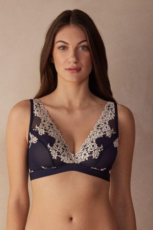 Intimissimi Pretty Flowers Lara Triangle BH Dame Dyp Blå Lyse Gul | NOUT4790