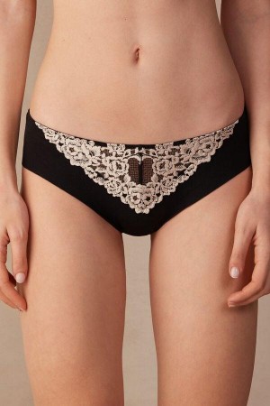 Intimissimi Pretty Flowers Seamless Bomull Truser Dame Svarte Hvite | NOAP3642