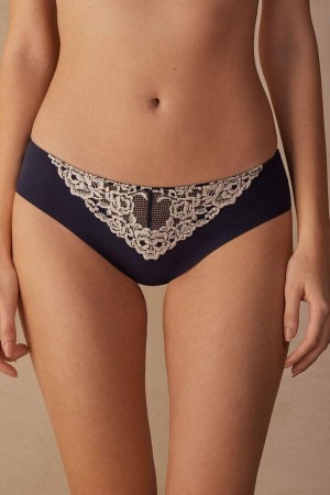 Intimissimi Pretty Flowers Seamless Bomull Truser Dame Dyp Blå Lyse Gul | NODN3640