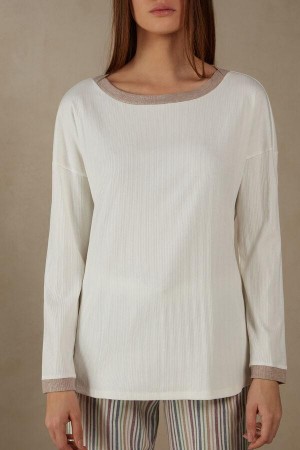 Intimissimi Ribbet Bomull Bateau Neck Long Sleeve Top Pyjamas Dame Hvite | NOIS3880