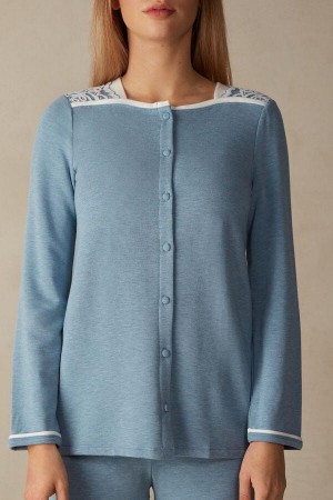 Intimissimi Romantic Bedroom Button Up Top in Modal with Ull Pyjamas Dame Lyse Blå | NOUT3906