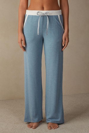 Intimissimi Romantic Bedroom Contrast Trim Full Length Pants in Modal with Ull Pyjamas Dame Lyse Blå | NOOR4008