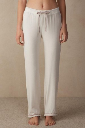 Intimissimi Romantic Bedroom Full Length Pants in Modal with Ull Pyjamas Dame Hvite Rosa | NOSO4005