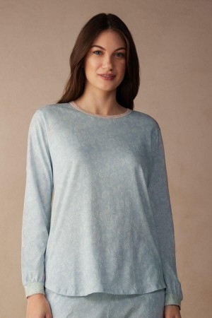 Intimissimi Romantic Cashmere Long Sleeve Bomull Top Pyjamas Dame Lyse Blå | NOFM3926