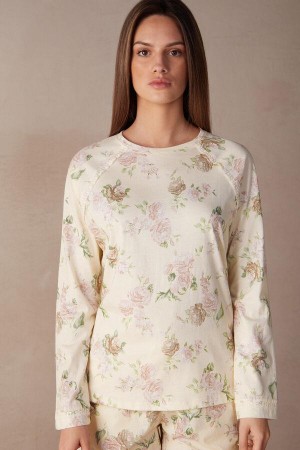 Intimissimi Scent of Roses Long Sleeve Bomull T-shirt Pyjamas Dame Multicolor Hvite | NOHK3923