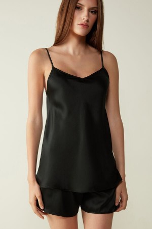 Intimissimi Silk Satin with V-neckline Tank Top Dame Svarte | NOEX4353