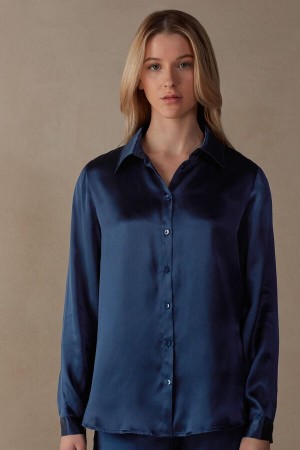 Intimissimi Silk Shirt Langermet Dame Blå | NOPQ4242