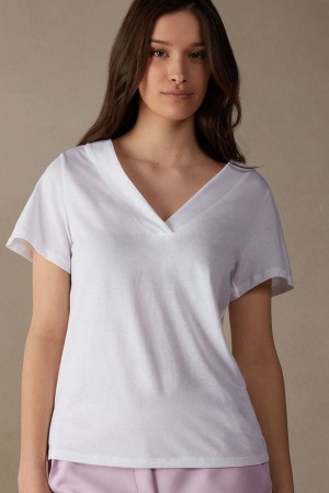 Intimissimi V-neck Top in Supima® Ultrafresh Bomull Short Sleeve Dame Hvite | NOMA4200