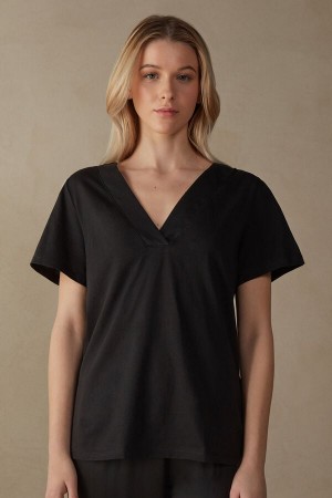 Intimissimi V-neck Top in Supima® Ultrafresh Bomull Short Sleeve Dame Svarte | NOQZ4199