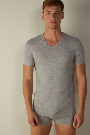 Intimissimi V-neck in Stretch Supima® Bomull T-skjorte Herre Lyse Grå | NOXF3043