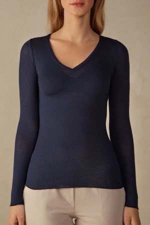 Intimissimi V-neck top in Modal Ultralight with Cashmere Langermet Dame Blå | NOXF4230