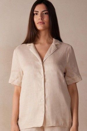 Intimissimi Yacht Night Linen Kort Sleeve Shirt Pyjamas Dame Beige | NOMA3965