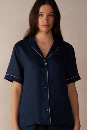 Intimissimi Yacht Night Linen Kort Sleeve Shirt Pyjamas Dame Blå | NOQZ3964