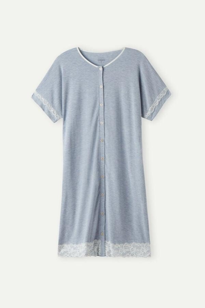 Intimissimi Blonder Trim Button Up Nightgown Pyjamas Dame Lyse Blå | NOAP3843