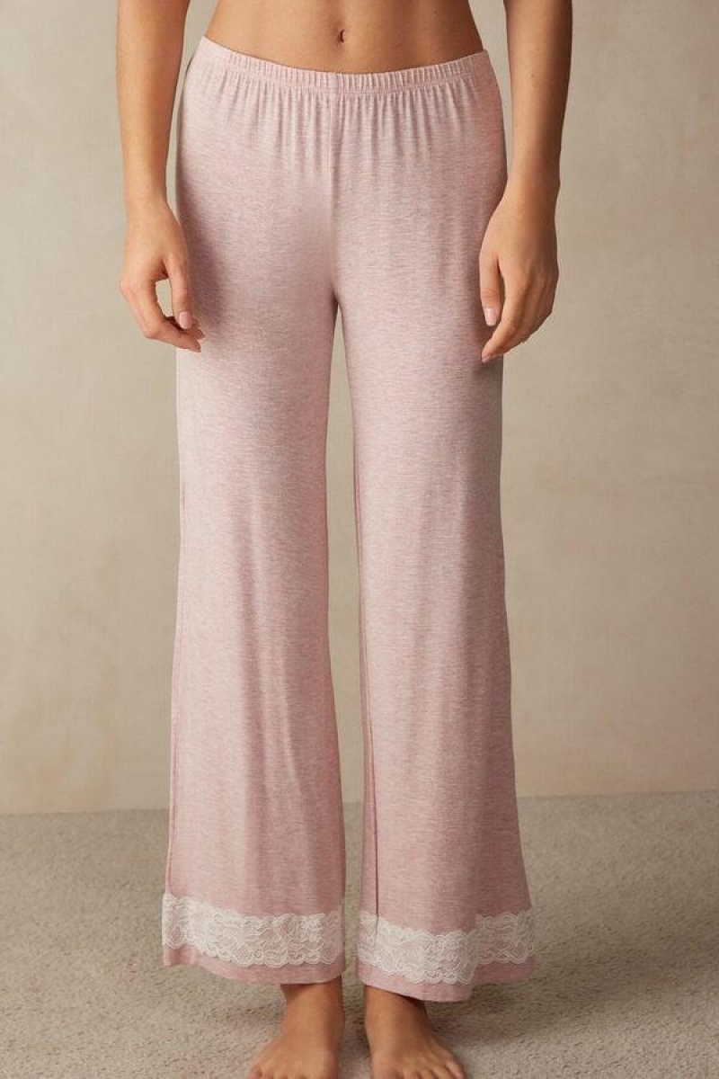 Intimissimi Blonder Trim Full Length Pants in Modal Pyjamas Dame Lyse Rosa | NOUT4010