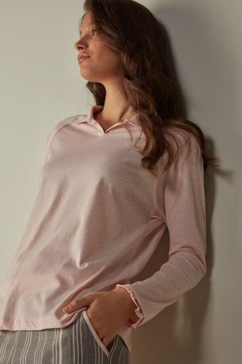 Intimissimi Bomull Rouches Long Sleeve Polo Pyjamas Dame Rosa | NOGL3873