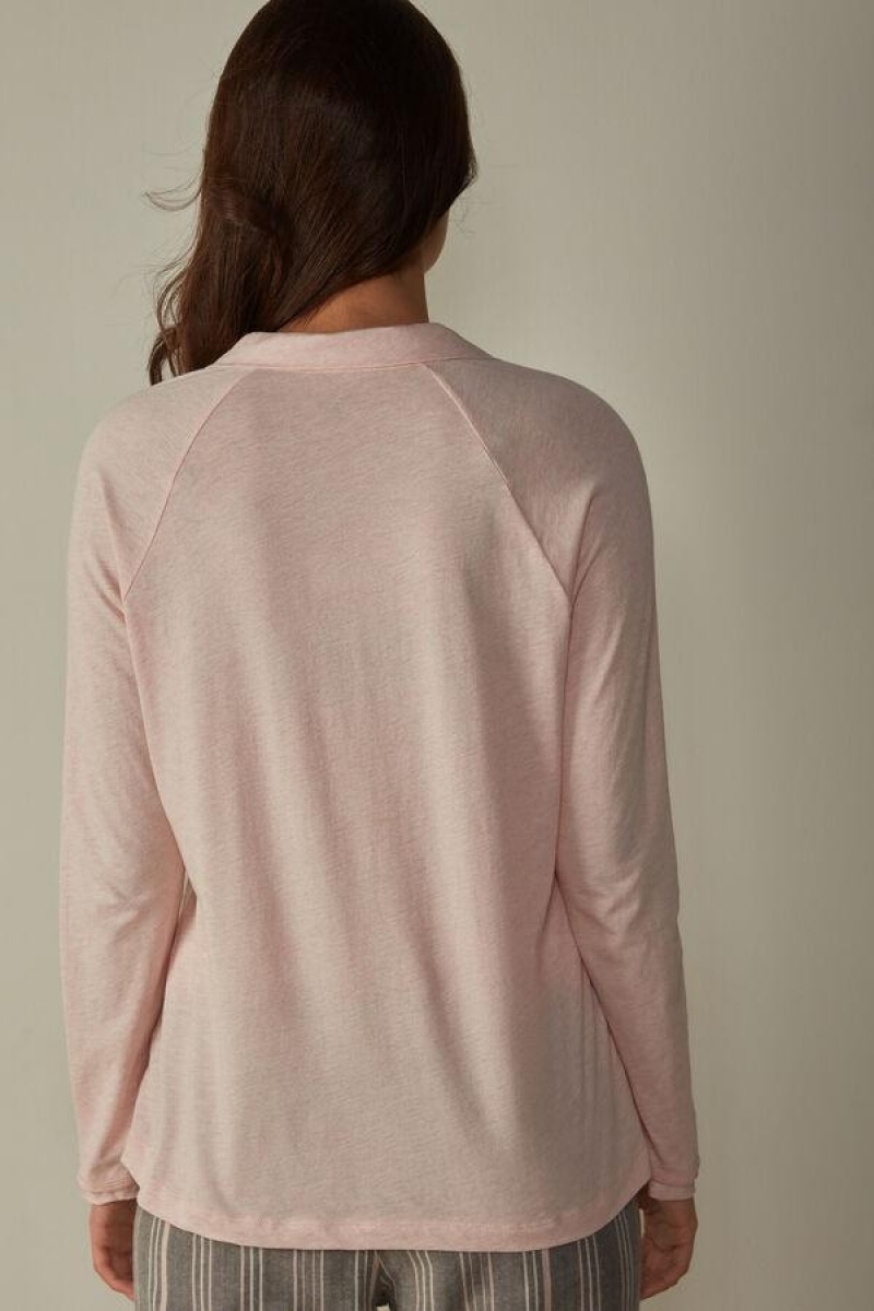 Intimissimi Bomull Rouches Long Sleeve Polo Pyjamas Dame Rosa | NOGL3873