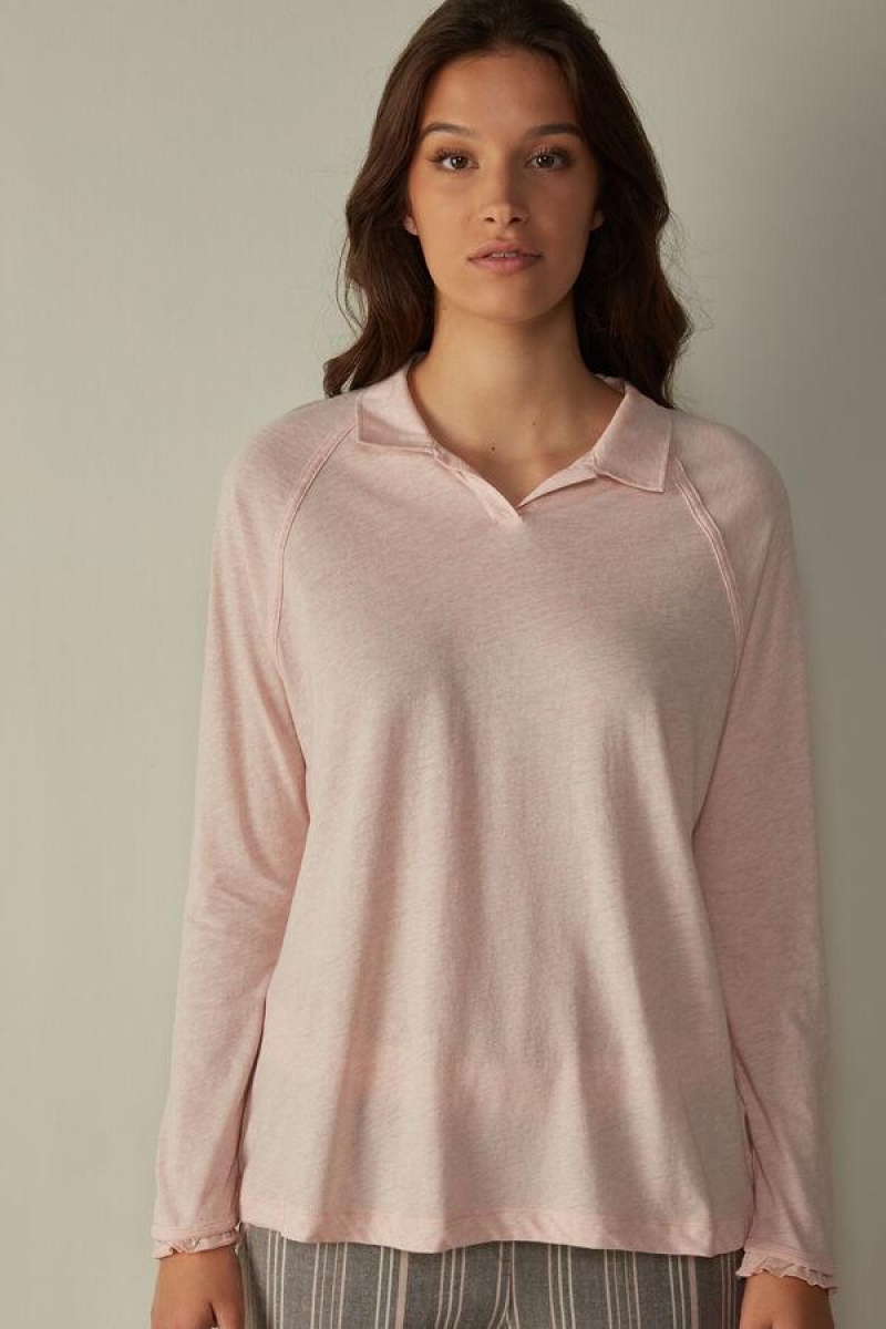 Intimissimi Bomull Rouches Long Sleeve Polo Pyjamas Dame Rosa | NOGL3873