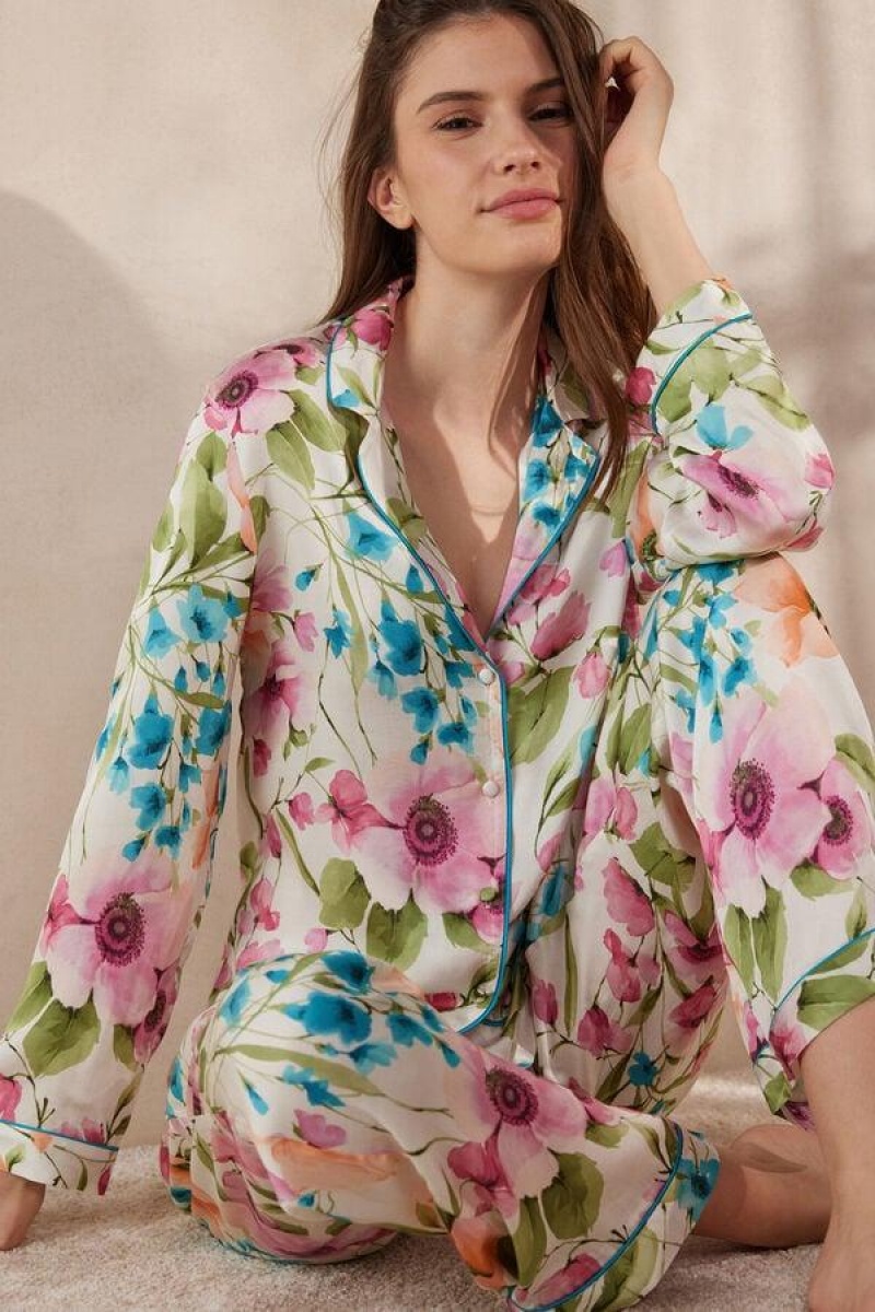 Intimissimi Botanical Lyrics Satin Button Up Shirt Pyjamas Dame Multicolor | NOZG3919