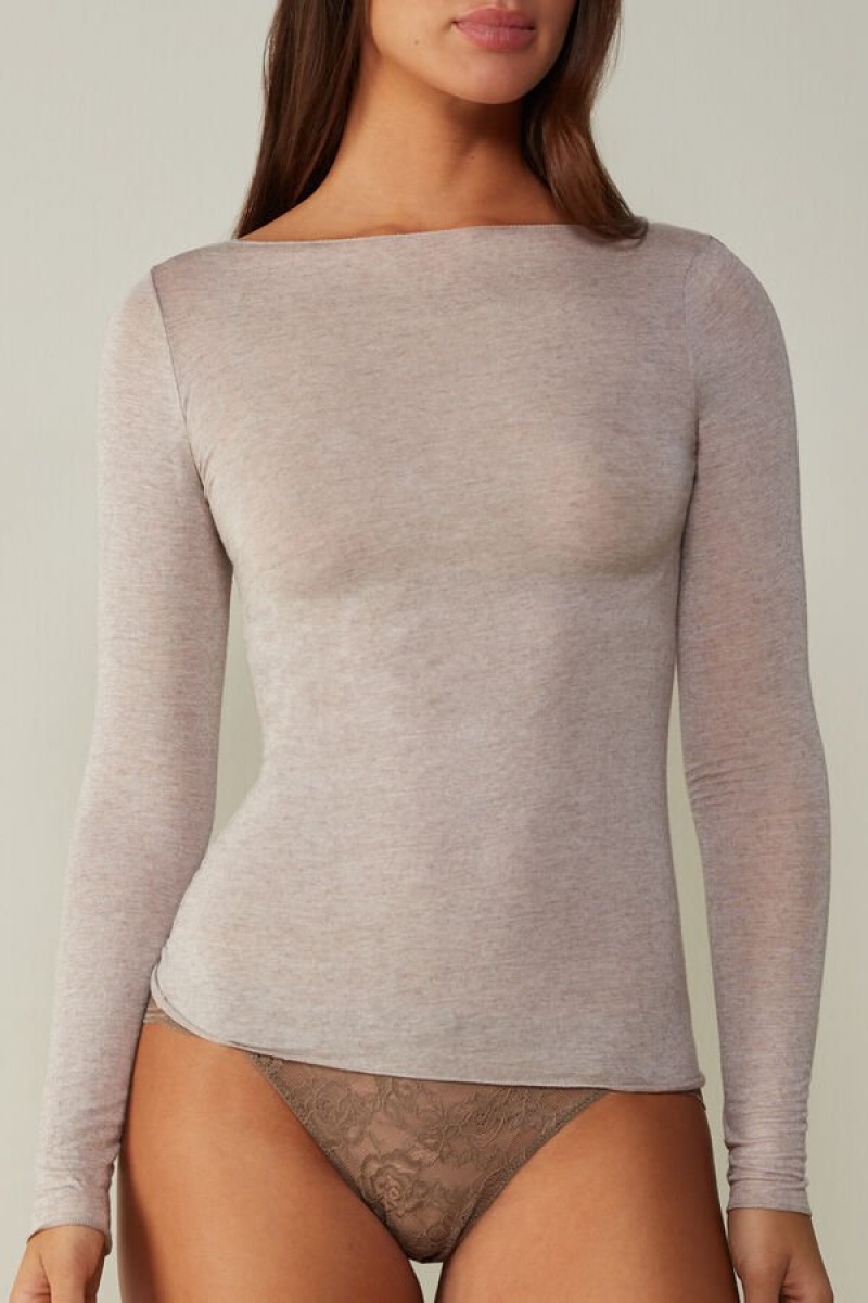 Intimissimi Båt Neck Modal Cashmere Ultralight Top Langermet Dame Beige | NOSO4258