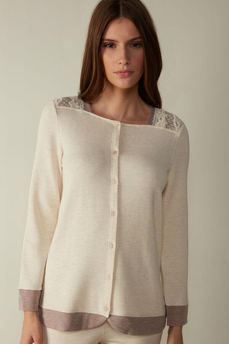 Intimissimi Classic Beauty Long Sleeve Button-Up Top Pyjamas Dame Beige | NOSO3876