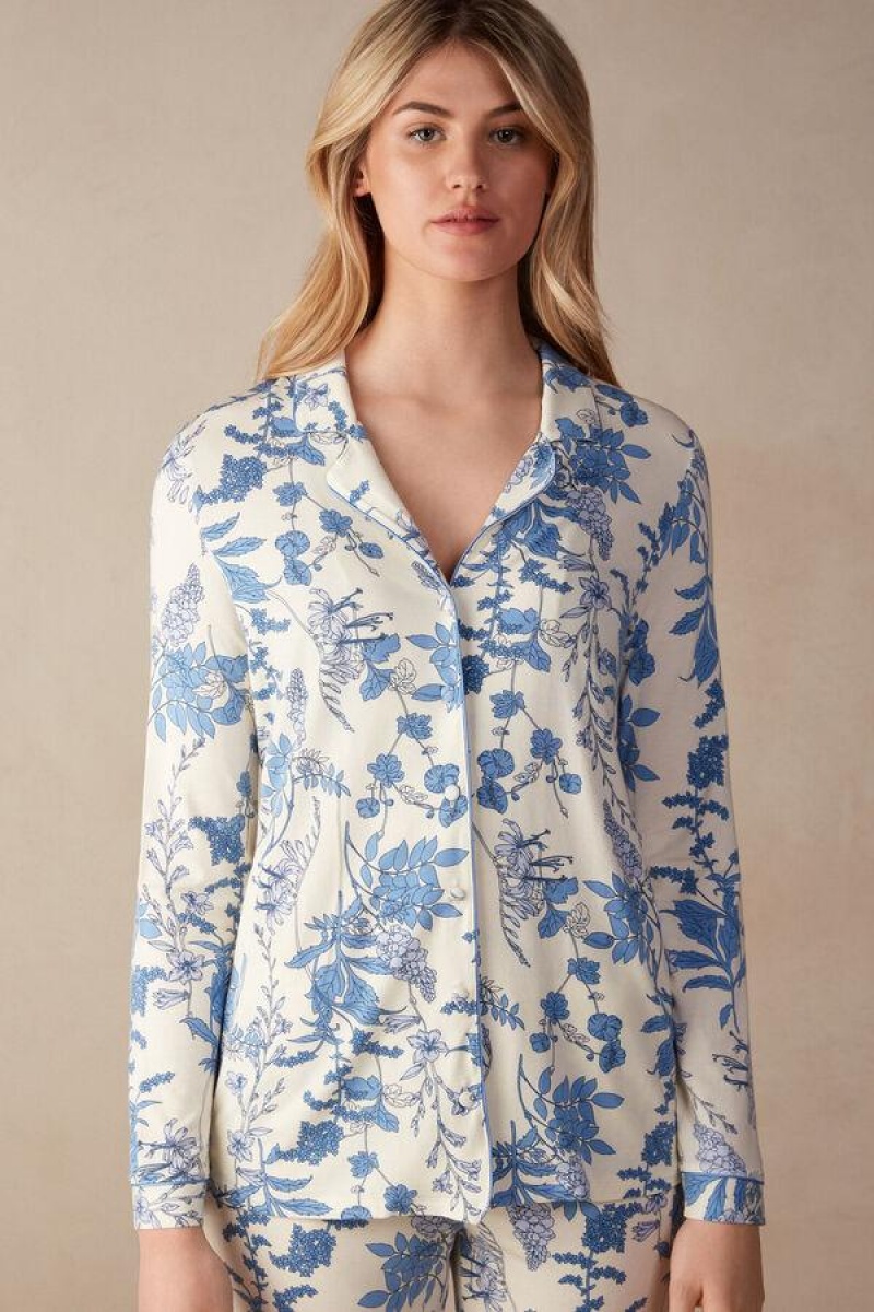 Intimissimi Feeling Beautiful Button Up Shirt in Modal Pyjamas Dame Hvite Blå | NOHK3924