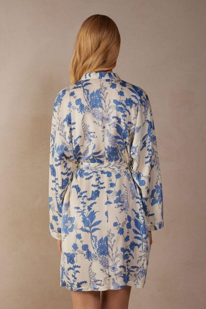 Intimissimi Feeling Beautiful Satin Kimono Pyjamas Dame Hvite Blå | NOVD3864