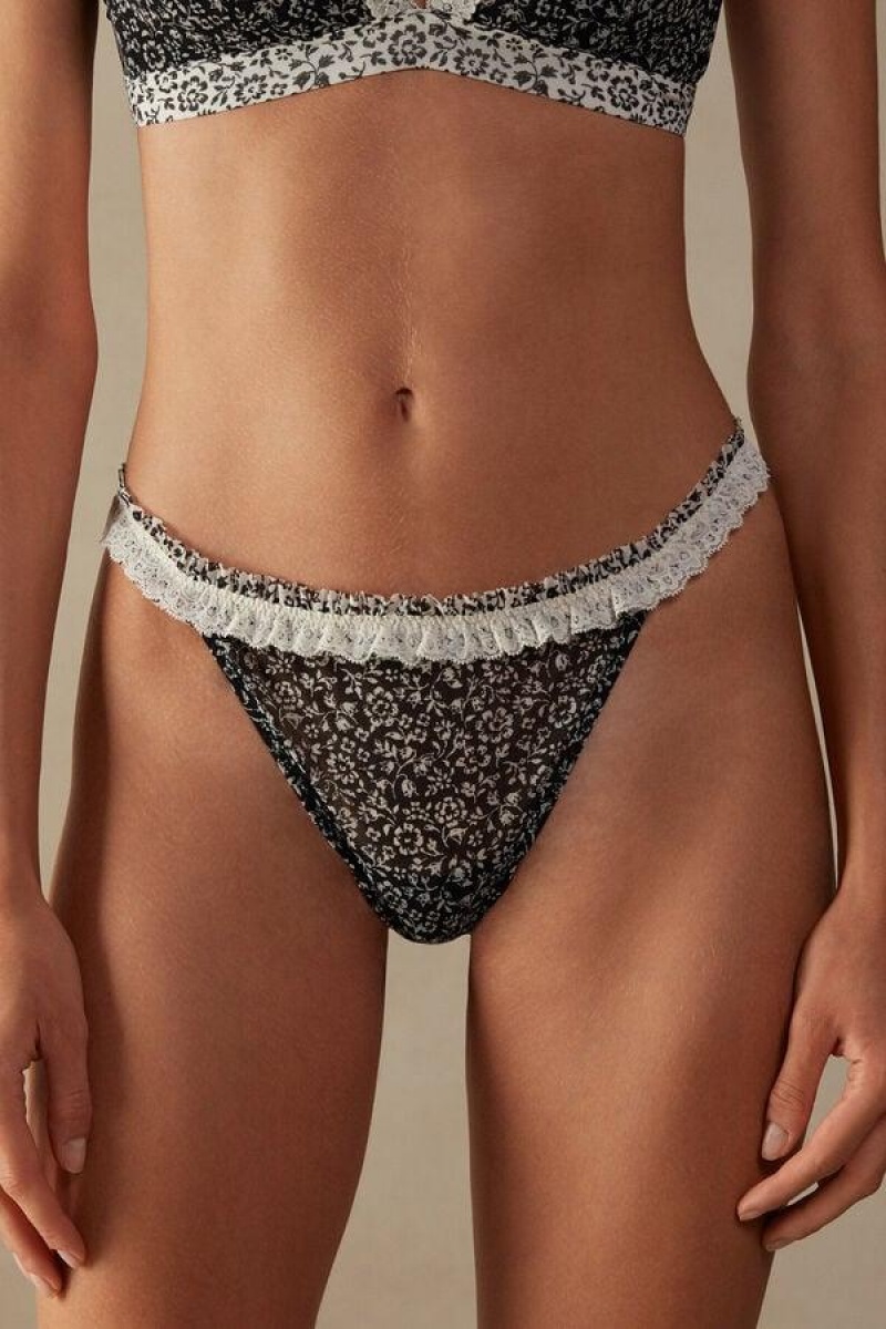 Intimissimi Floral Affair Brazilian Truser Dame Svarte Hvite | NONB3550