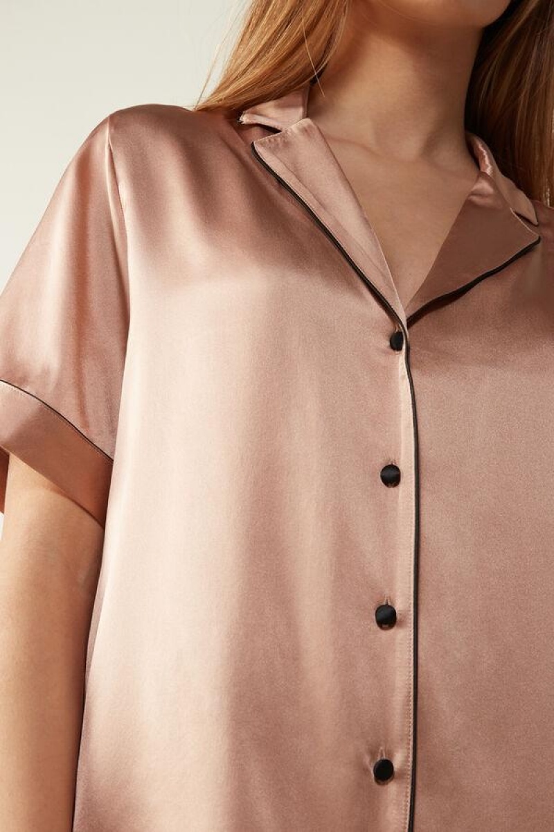 Intimissimi Kort Sleeve Silk Shirt with Contrast Trim Pyjamas Dame Rosa | NOAP3929