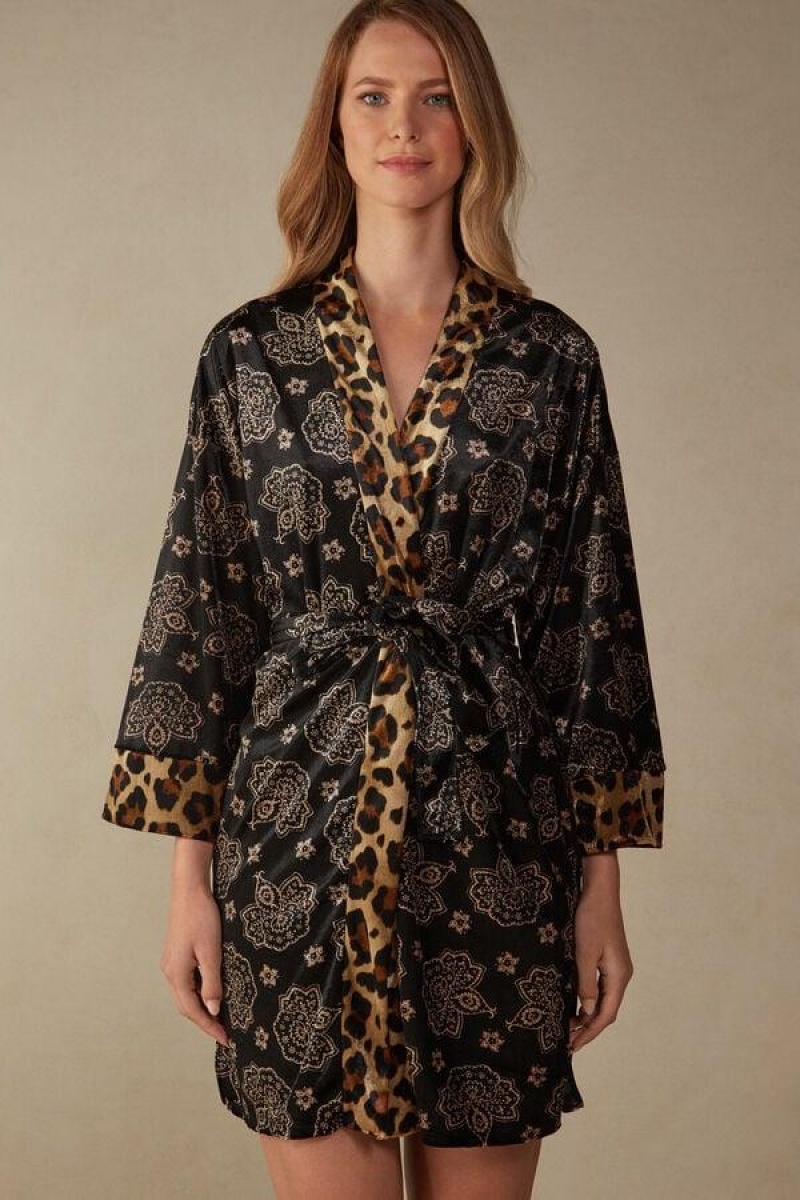 Intimissimi Lady Animalier Velvet Kimono Pyjamas Dame Svarte | NOAP3850