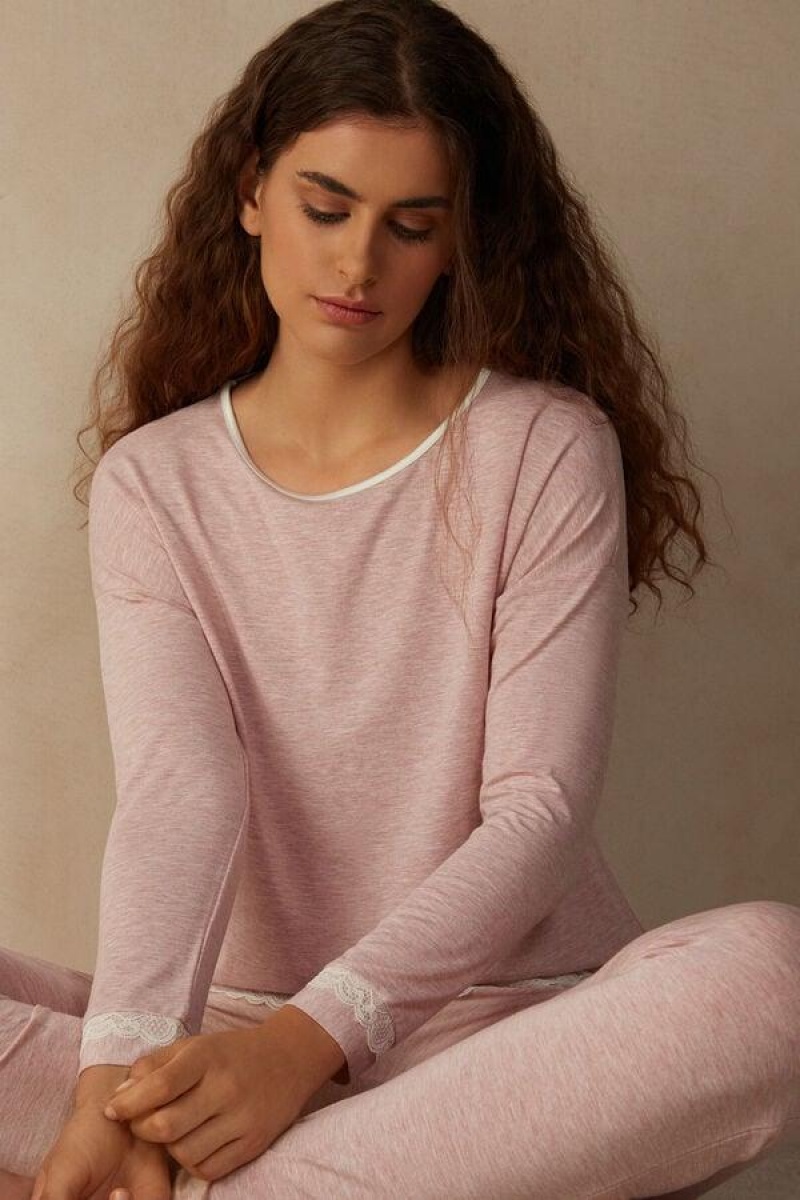 Intimissimi Long-Sleeve Round-Neck Modal Top Pyjamas Dame Lyse Rosa | NOQZ3887