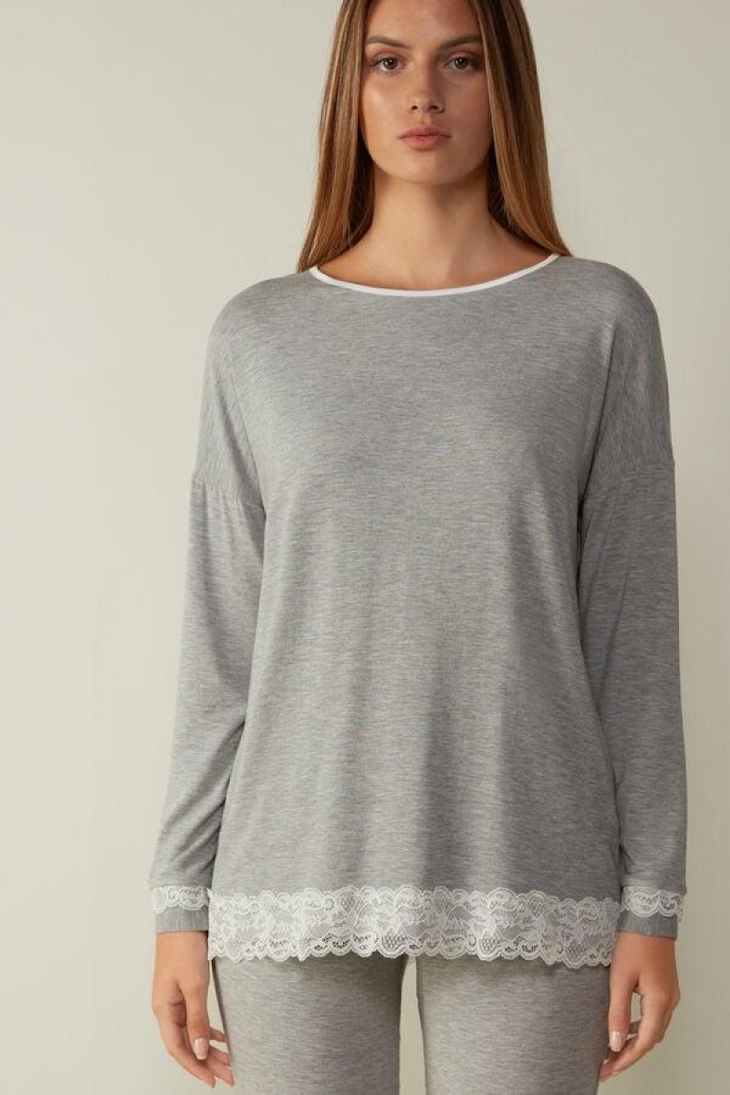 Intimissimi Long-Sleeve Round-Neck Modal Top Pyjamas Dame Lyse Grå | NOZG3867