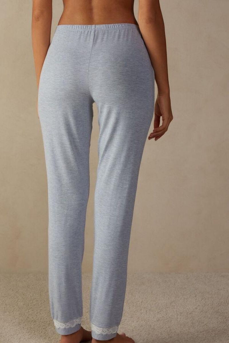 Intimissimi Long Modal Blonder Detail Trousers Pyjamas Dame Lyse Blå | NOGL4047