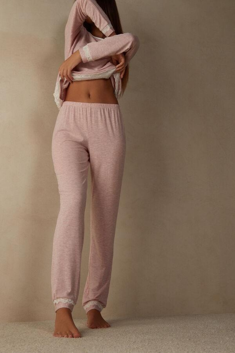 Intimissimi Long Modal Blonder Detail Trousers Pyjamas Dame Lyse Rosa | NOHK4046