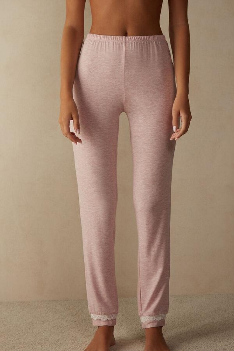 Intimissimi Long Modal Blonder Detail Trousers Pyjamas Dame Lyse Rosa | NOHK4046